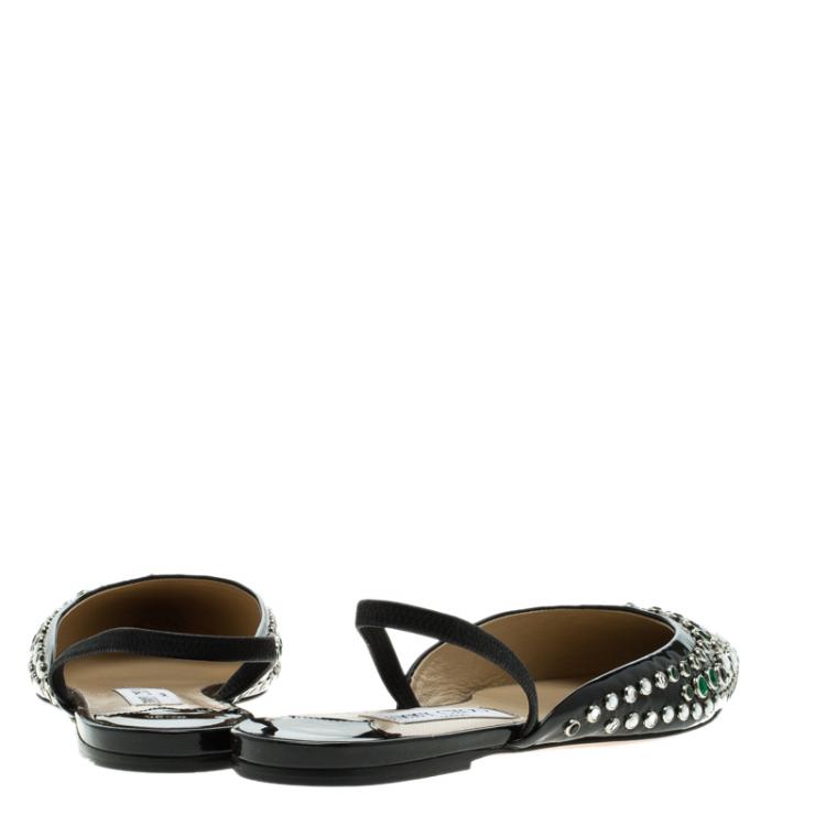 Pre Owned Jimmy Choo Black Embellished Leather Genoa Pointed Toe Slingback Flat Sandals Size 39.5