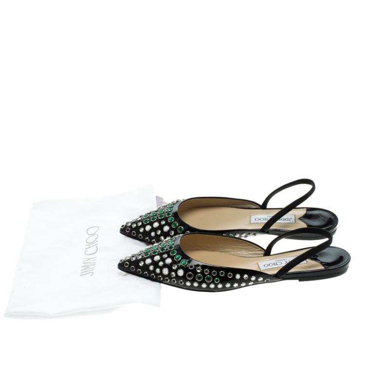 Pre Owned Jimmy Choo Black Embellished Leather Genoa Pointed Toe Slingback Flat Sandals Size 39.5