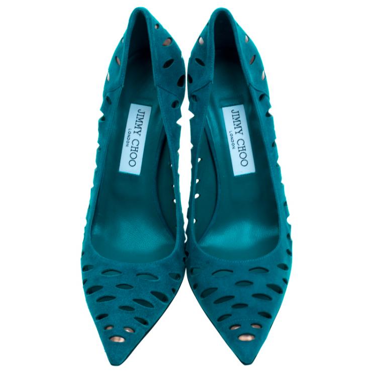 Pre Owned Jimmy Choo Teal Cutout  Suede Talka Pumps Size 40