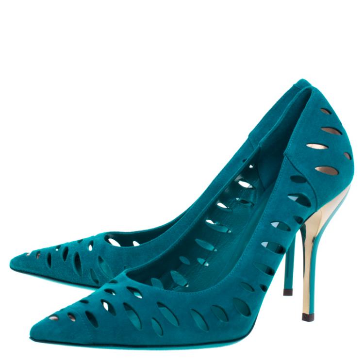 Pre Owned Jimmy Choo Teal Cutout  Suede Talka Pumps Size 40
