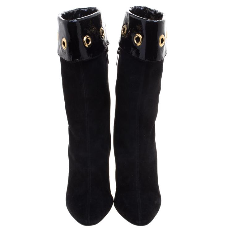 Pre Owned Jimmy Choo Black Suede Jinx Cuffed Eyelet  Ankle Boots Size 38.5 