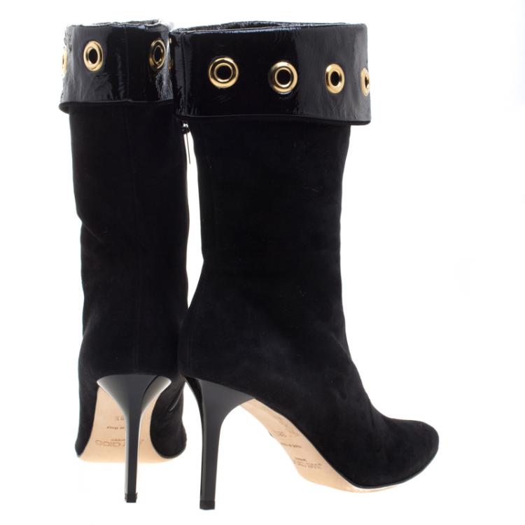 Pre Owned Jimmy Choo Black Suede Jinx Cuffed Eyelet  Ankle Boots Size 38.5 