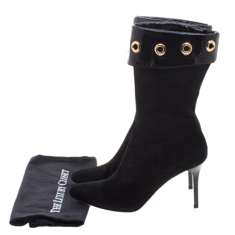 Pre Owned Jimmy Choo Black Suede Jinx Cuffed Eyelet  Ankle Boots Size 38.5 