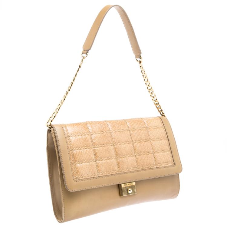 Pre Owned Jimmy Choo Beige Leather and Python Bar Flap Bag