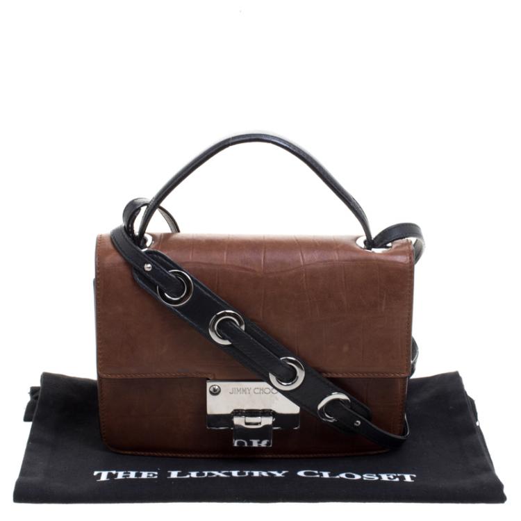 Pre Owned Jimmy Choo Brown Croc Embossed Leather Rebel Crossbody Bag