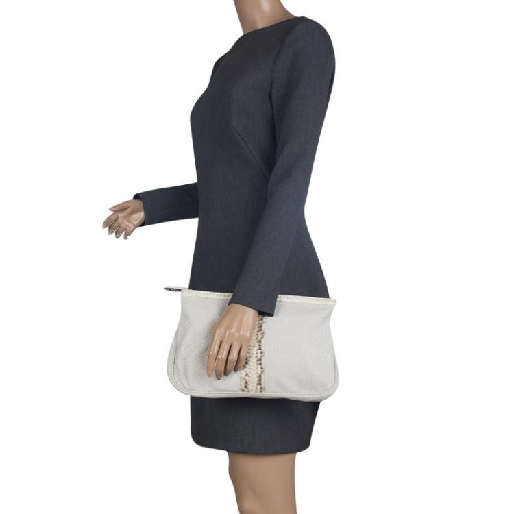 Pre Owned Jimmy Choo Off White Python Embossed Leather and Python Trim Zulu Clutch