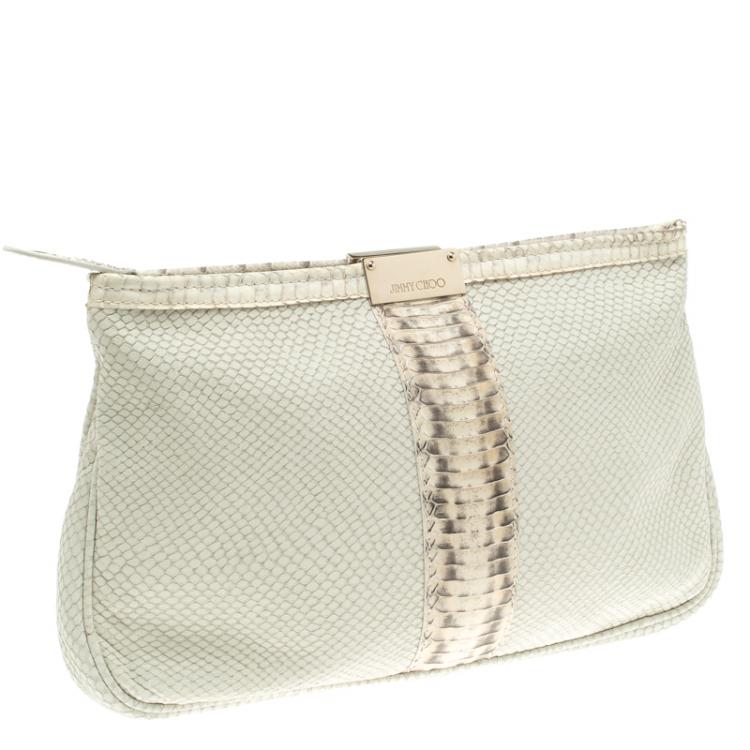 Pre Owned Jimmy Choo Off White Python Embossed Leather and Python Trim Zulu Clutch