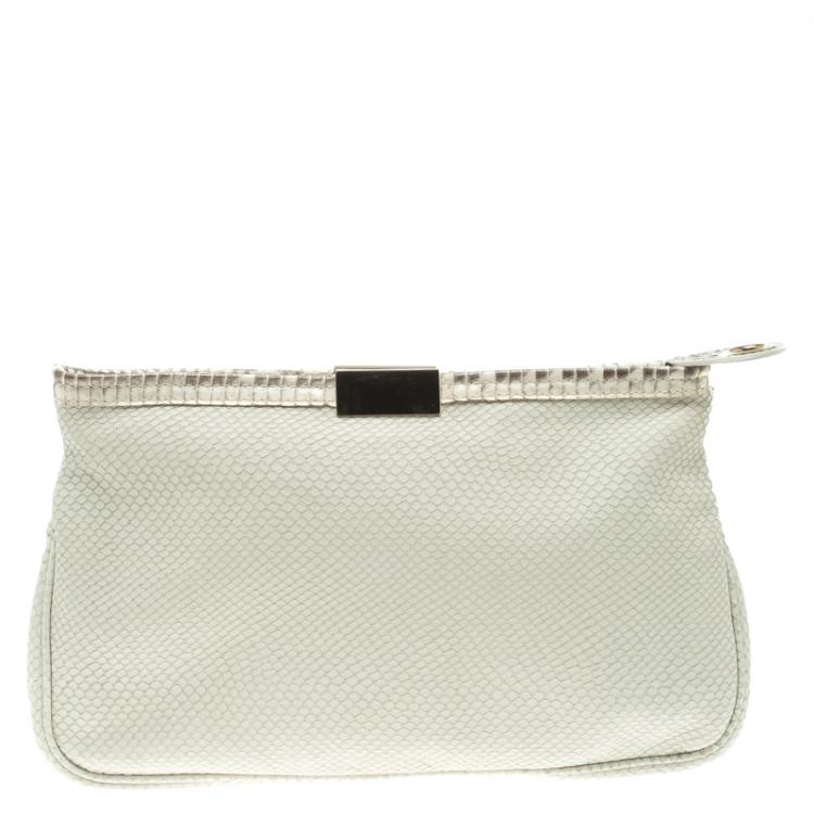 Pre Owned Jimmy Choo Off White Python Embossed Leather and Python Trim Zulu Clutch