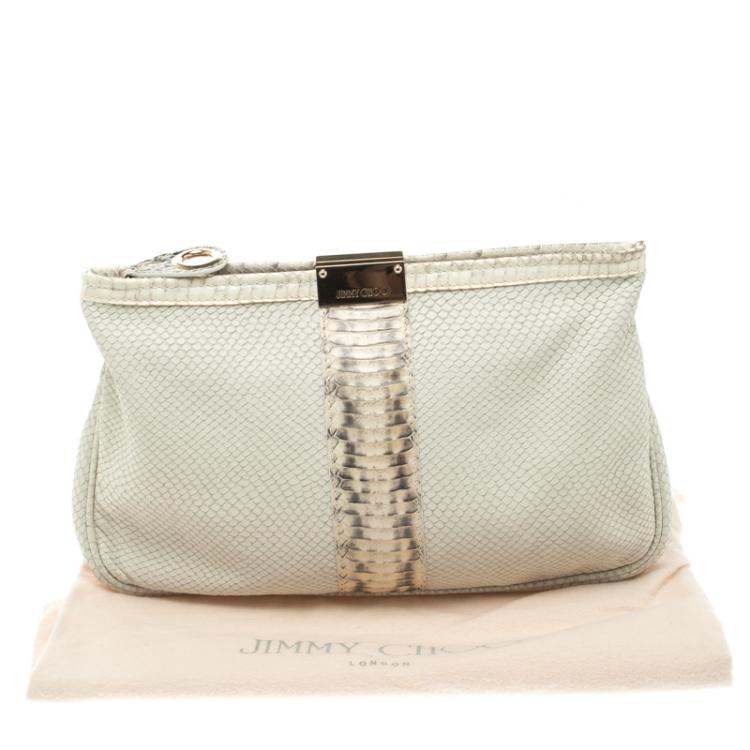 Pre Owned Jimmy Choo Off White Python Embossed Leather and Python Trim Zulu Clutch