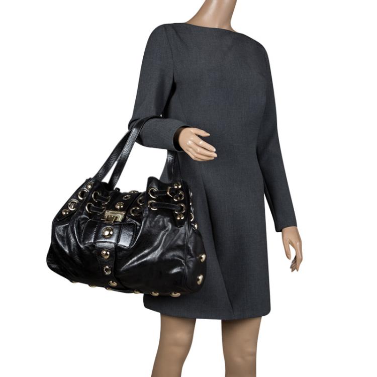 Pre Owned Jimmy Choo Black Glazed Leather Riki Tote