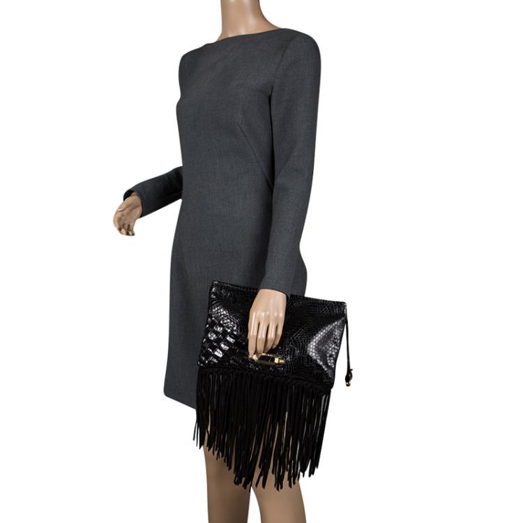 Pre Owned Jimmy Choo Black Python Fringe Tita Convertible Clutch 