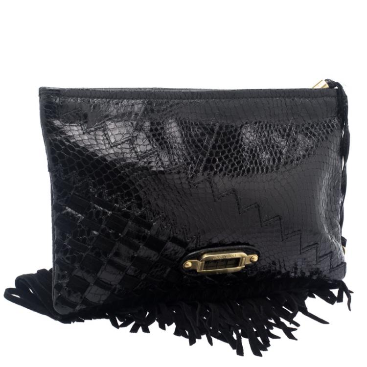 Pre Owned Jimmy Choo Black Python Fringe Tita Convertible Clutch 