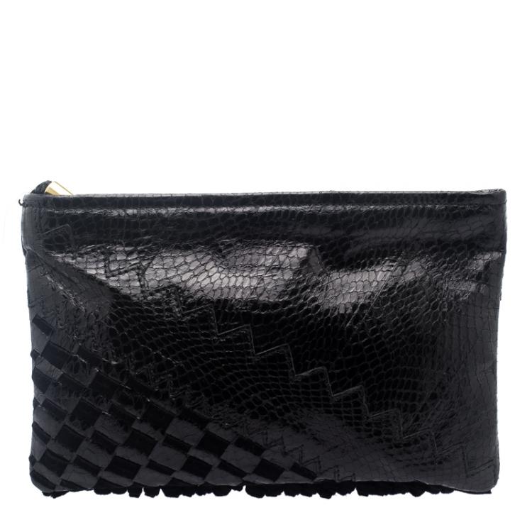 Pre Owned Jimmy Choo Black Python Fringe Tita Convertible Clutch 