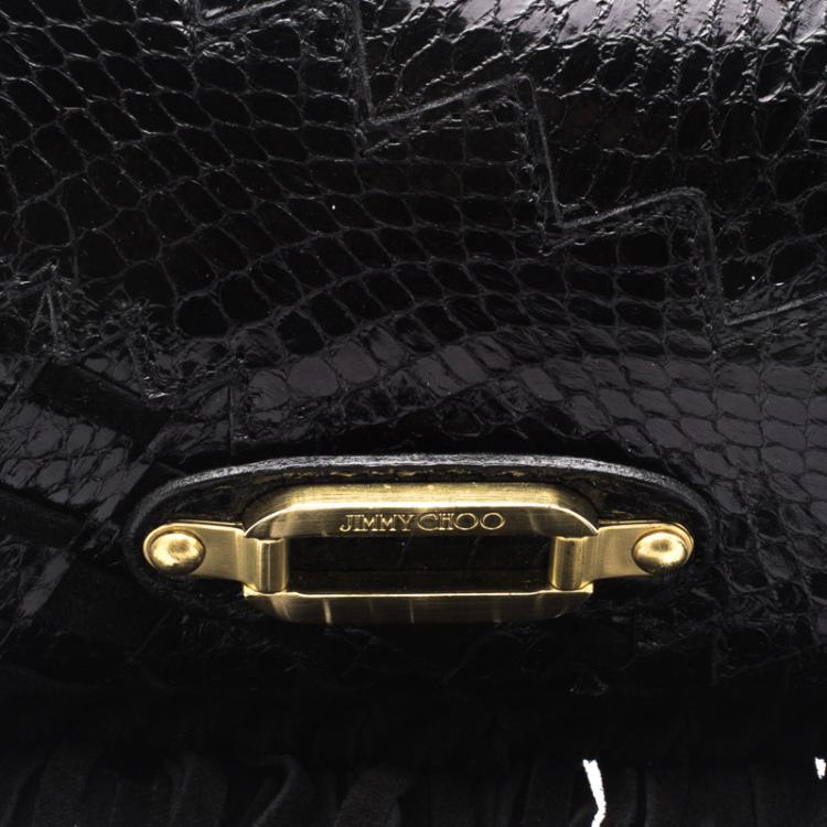 Pre Owned Jimmy Choo Black Python Fringe Tita Convertible Clutch 