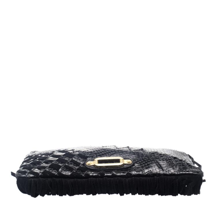 Pre Owned Jimmy Choo Black Python Fringe Tita Convertible Clutch 