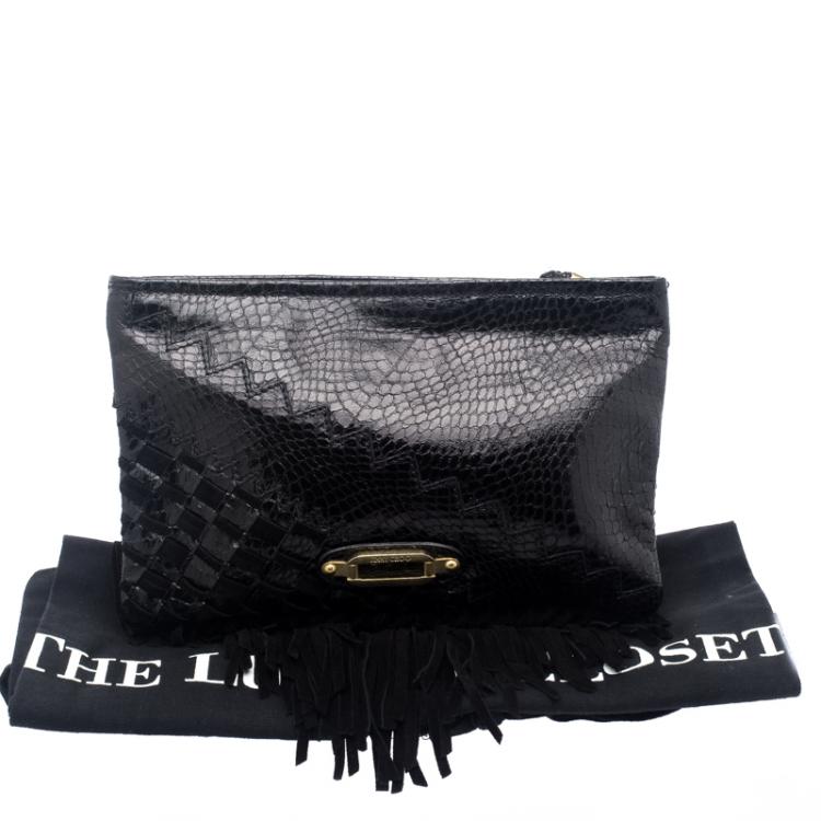 Pre Owned Jimmy Choo Black Python Fringe Tita Convertible Clutch 