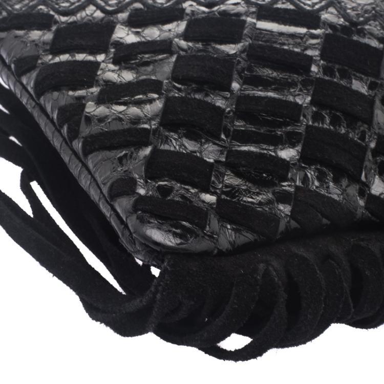 Pre Owned Jimmy Choo Black Python Fringe Tita Convertible Clutch 