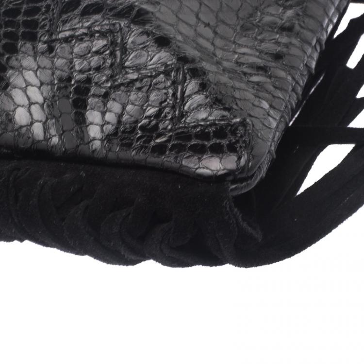 Pre Owned Jimmy Choo Black Python Fringe Tita Convertible Clutch 