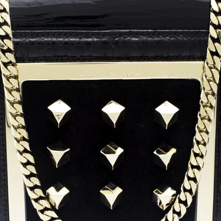 Pre Owned Jimmy Choo Black Patent Crinkled Leather Python Trim Cube Stud Shoulder Bag