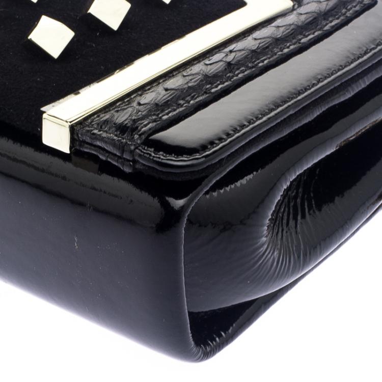 Pre Owned Jimmy Choo Black Patent Crinkled Leather Python Trim Cube Stud Shoulder Bag