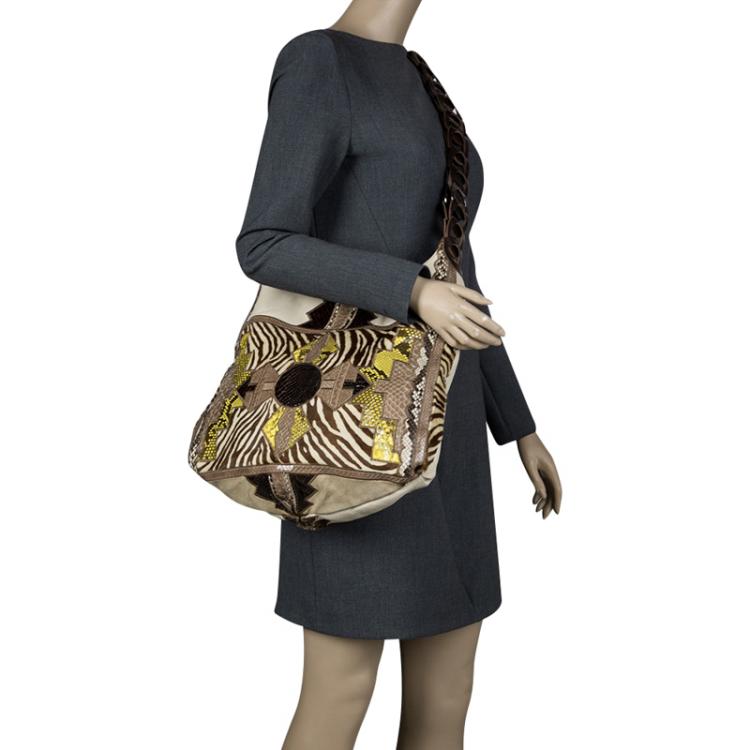 Pre Owned Jimmy Choo Beige Python and Calf Hair Patchwork Kaja Shoulder Bag