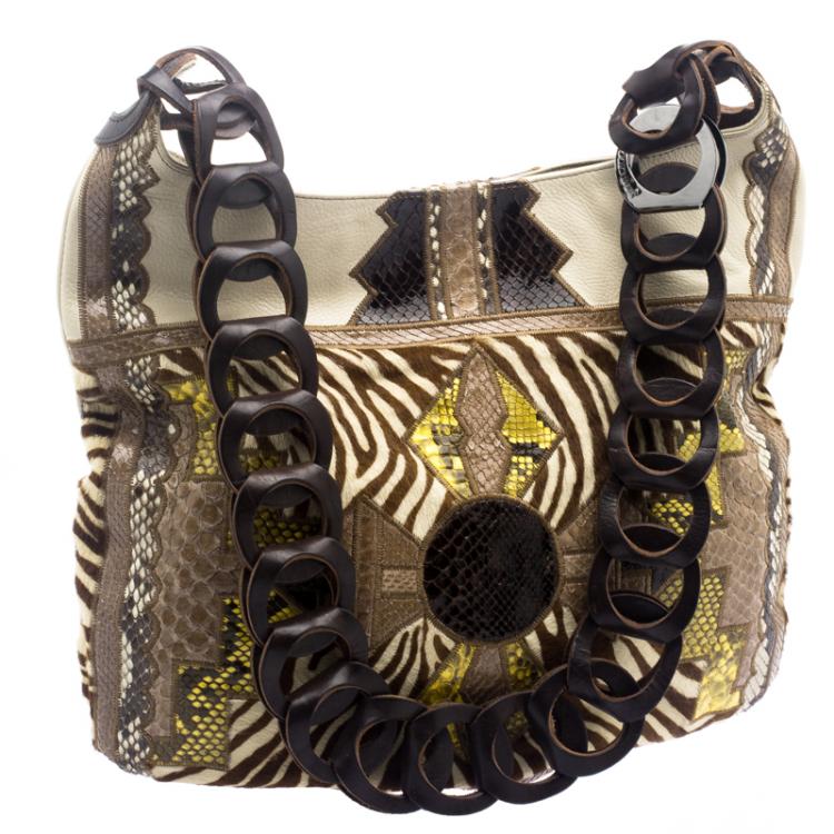 Pre Owned Jimmy Choo Beige Python and Calf Hair Patchwork Kaja Shoulder Bag