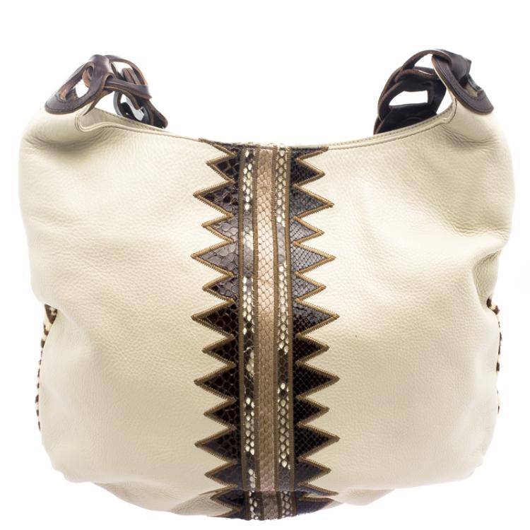 Pre Owned Jimmy Choo Beige Python and Calf Hair Patchwork Kaja Shoulder Bag