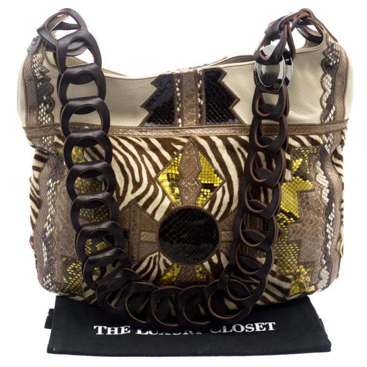 Pre Owned Jimmy Choo Beige Python and Calf Hair Patchwork Kaja Shoulder Bag