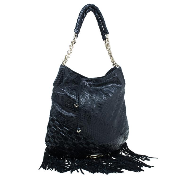 Pre Owned Jimmy Choo Black Python Tatum Fringe Hobo
