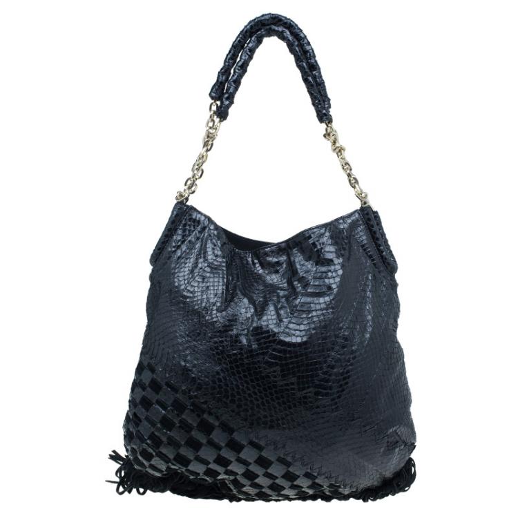 Pre Owned Jimmy Choo Black Python Tatum Fringe Hobo