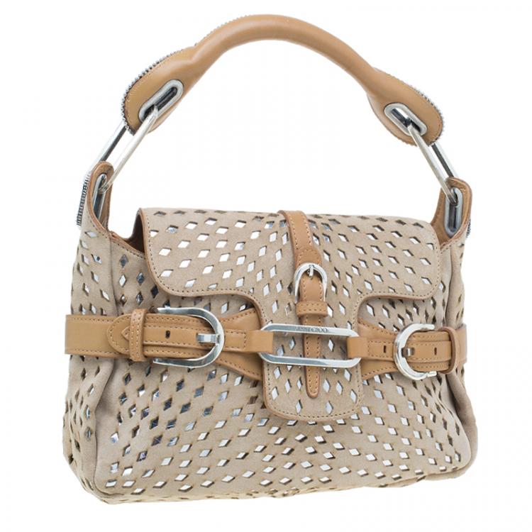 Pre Owned Jimmy Choo Beige Perforated Suede Tulita Satchel Bag