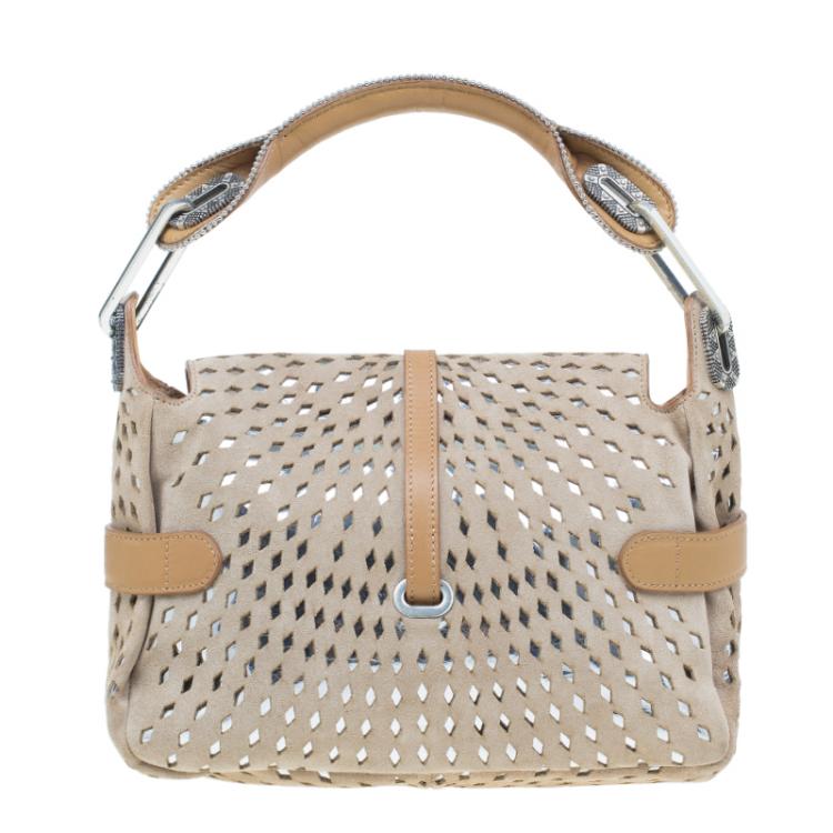 Pre Owned Jimmy Choo Beige Perforated Suede Tulita Satchel Bag