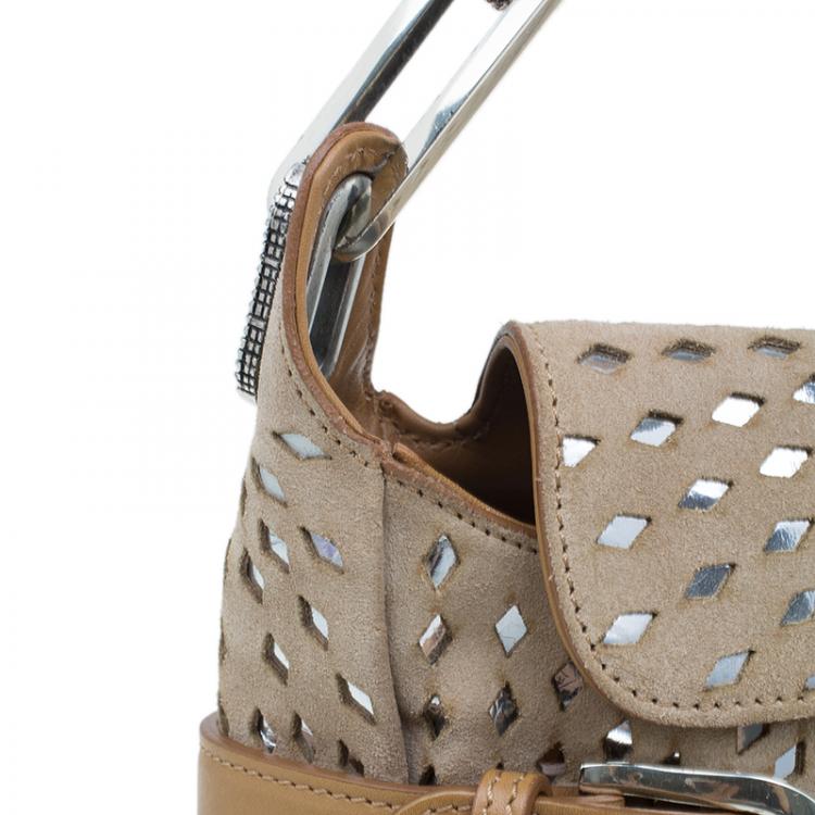 Pre Owned Jimmy Choo Beige Perforated Suede Tulita Satchel Bag