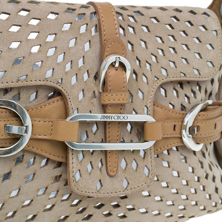 Pre Owned Jimmy Choo Beige Perforated Suede Tulita Satchel Bag