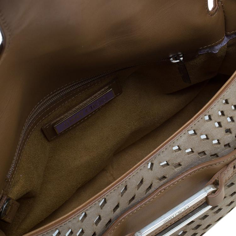 Pre Owned Jimmy Choo Beige Perforated Suede Tulita Satchel Bag