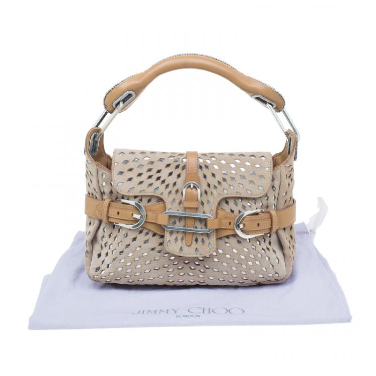 Pre Owned Jimmy Choo Beige Perforated Suede Tulita Satchel Bag