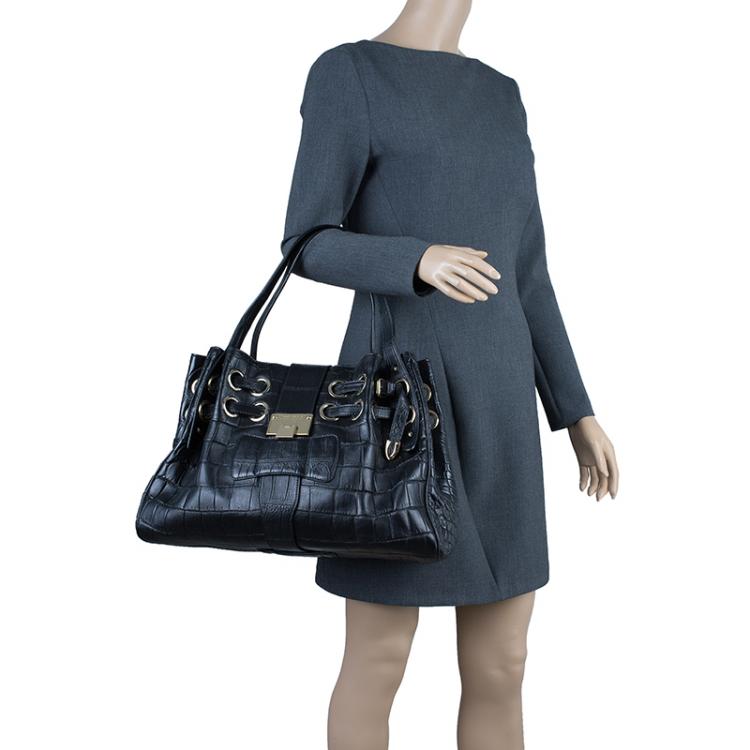 Pre Owned Jimmy Choo Black Croc Embossed Ramona Hobo Bag