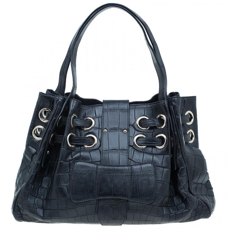 Pre Owned Jimmy Choo Black Croc Embossed Ramona Hobo Bag