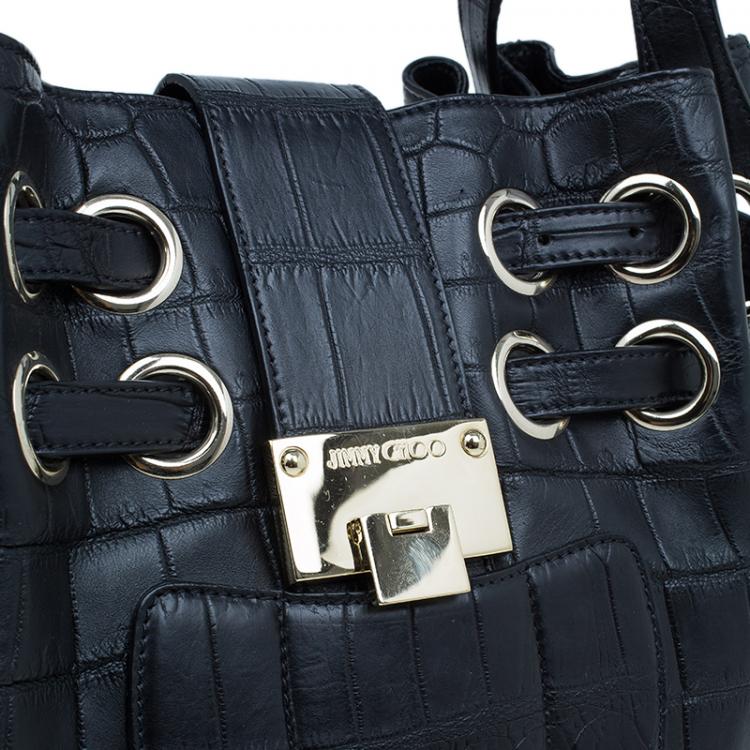 Pre Owned Jimmy Choo Black Croc Embossed Ramona Hobo Bag