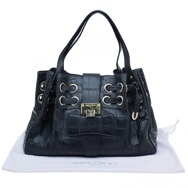 Pre Owned Jimmy Choo Black Croc Embossed Ramona Hobo Bag