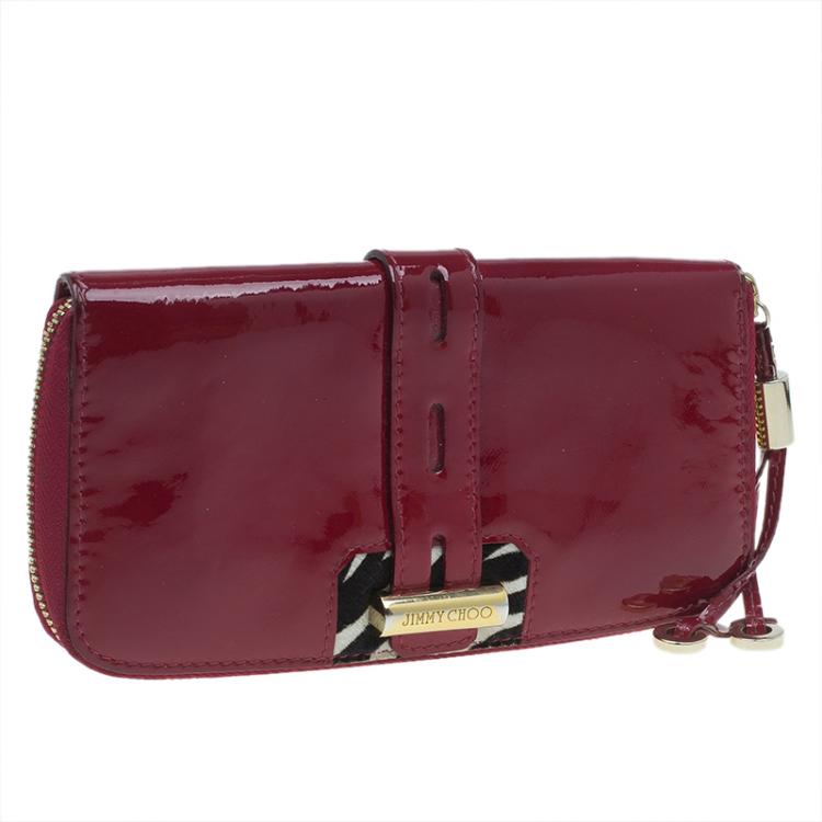 Pre Owned Jimmy Choo Red Patent and Pony Hair Trim Zip Around Wallet