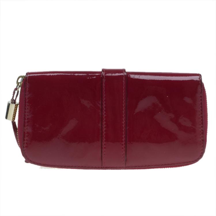 Pre Owned Jimmy Choo Red Patent and Pony Hair Trim Zip Around Wallet