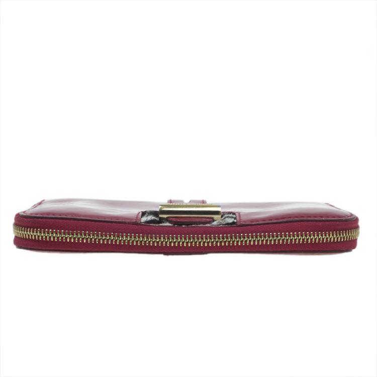 Pre Owned Jimmy Choo Red Patent and Pony Hair Trim Zip Around Wallet
