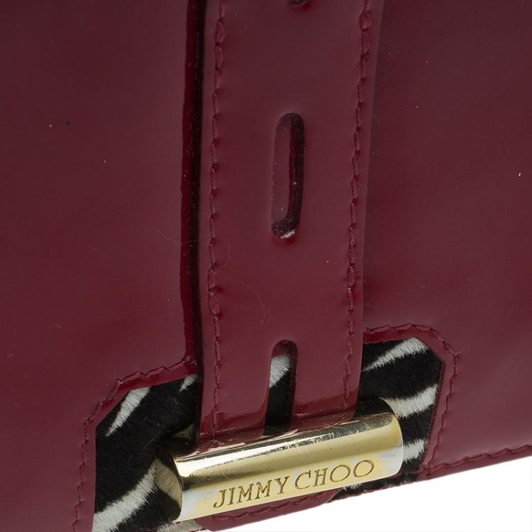 Pre Owned Jimmy Choo Red Patent and Pony Hair Trim Zip Around Wallet