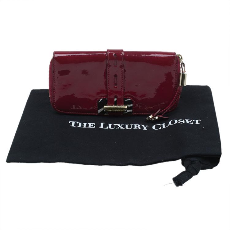 Pre Owned Jimmy Choo Red Patent and Pony Hair Trim Zip Around Wallet