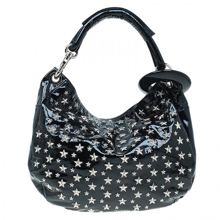 Pre Owned Jimmy Choo Black Patent Leather Small Star Studded Solar Hobo