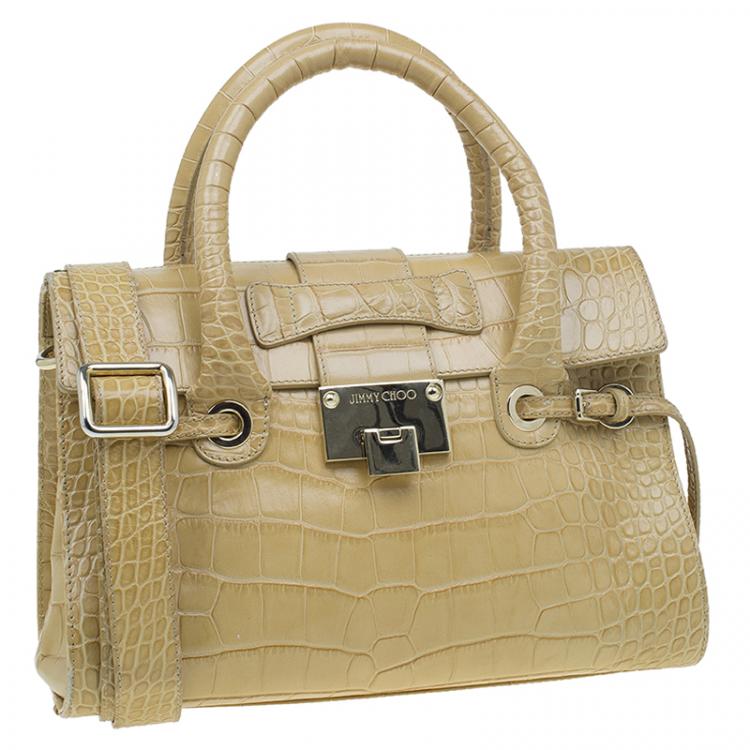 Pre Owned Jimmy Choo Beige Croc Embossed Leather Small Rosalie Top Handle Bag