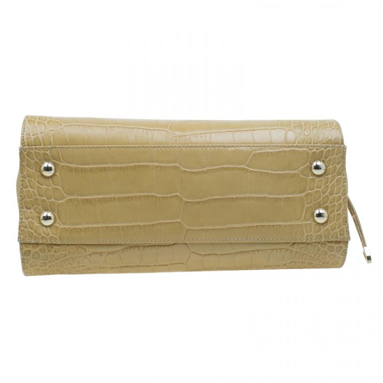 Pre Owned Jimmy Choo Beige Croc Embossed Leather Small Rosalie Top Handle Bag
