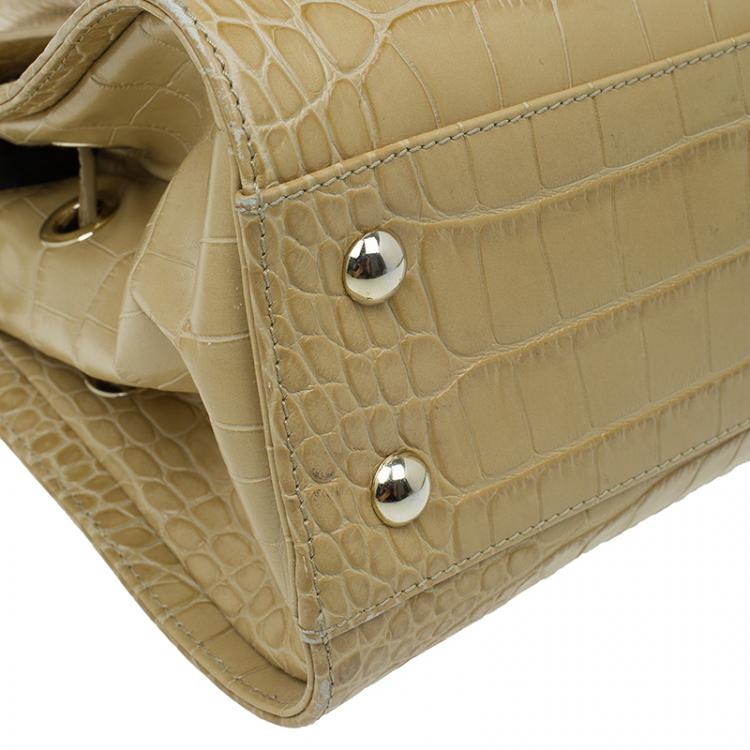 Pre Owned Jimmy Choo Beige Croc Embossed Leather Small Rosalie Top Handle Bag