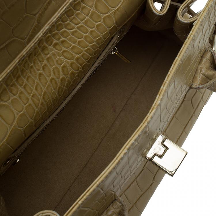 Pre Owned Jimmy Choo Beige Croc Embossed Leather Small Rosalie Top Handle Bag